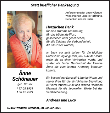 Traueranzeige von Änne Schönauer von Siegener Zeitung