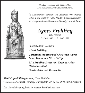 Traueranzeige von Agnes Fröhling von Siegener Zeitung