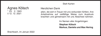 Traueranzeige von Agnes Kölsch von Siegener Zeitung