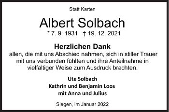 Traueranzeige von Albert Solbach von Siegener Zeitung