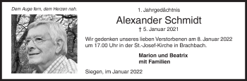 Traueranzeige von Alexander Schmidt von Siegener Zeitung