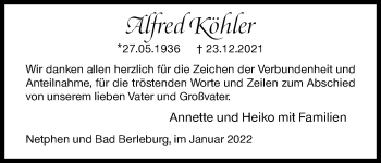 Traueranzeige von Alfred Köhler von Siegener Zeitung