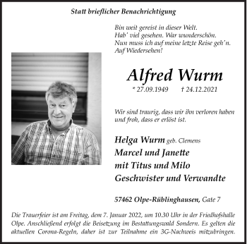 Traueranzeige von Alfred Wurm von Siegener Zeitung