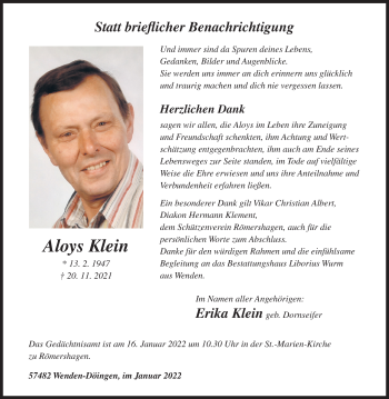 Traueranzeige von Aloys Klein von Siegener Zeitung