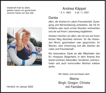 Traueranzeige von Andrea Käppel von Siegener Zeitung