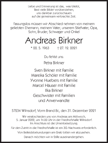 Traueranzeige von Andreas Birkner von Siegener Zeitung