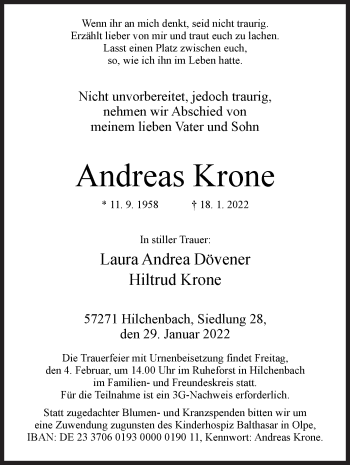 Traueranzeige von Andreas Krone von Siegener Zeitung