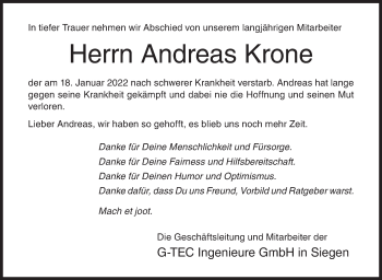 Traueranzeige von Andreas Krone von Siegener Zeitung