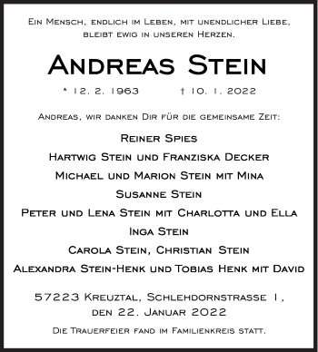 Traueranzeige von Andreas Stein von Siegener Zeitung
