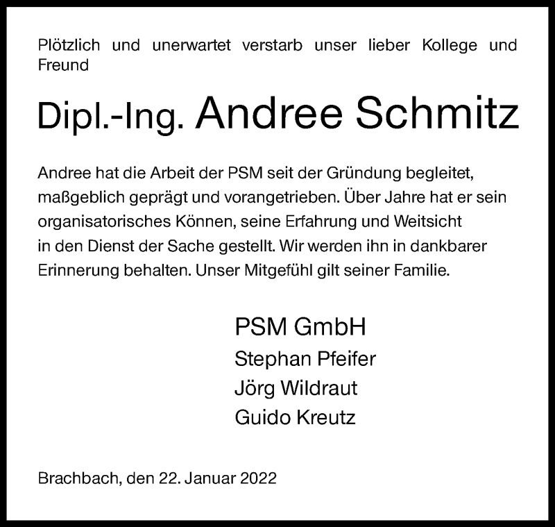  Traueranzeige für Andree Schmitz vom 22.01.2022 aus Siegener Zeitung