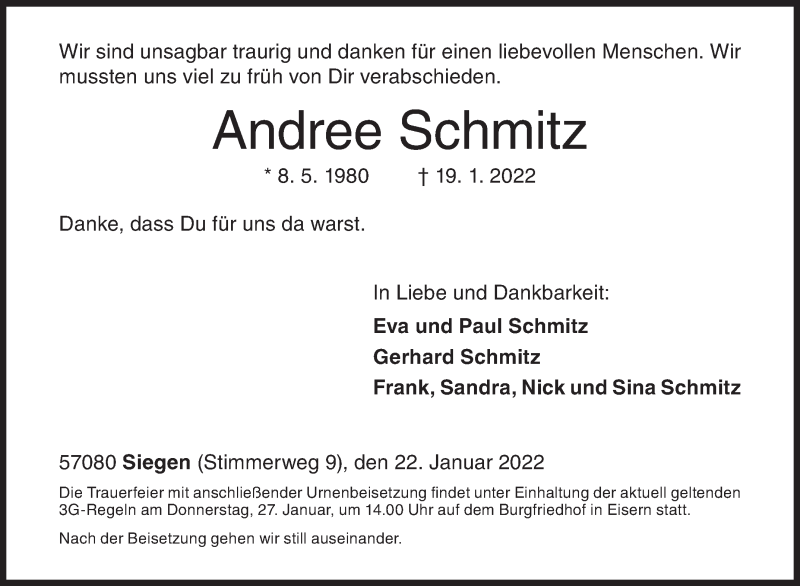 Traueranzeige für Andree Schmitz vom 22.01.2022 aus Siegener Zeitung