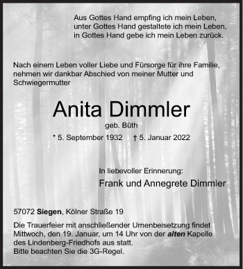 Traueranzeige von Anita Dimmler von Siegener Zeitung