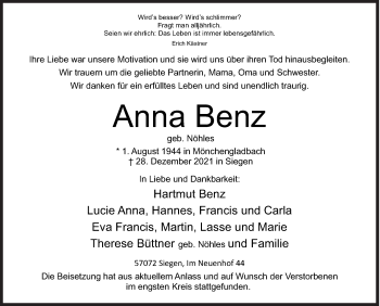 Traueranzeige von Anna Benz von Siegener Zeitung