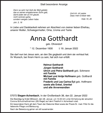 Traueranzeige von Anna Gotthardt von Siegener Zeitung