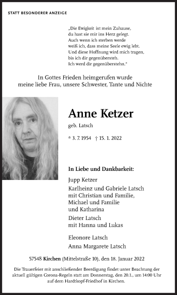 Traueranzeige von Anne Ketzer von Siegener Zeitung
