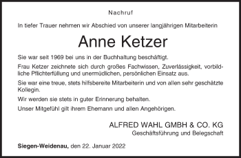 Traueranzeige von Anne Ketzer von Siegener Zeitung