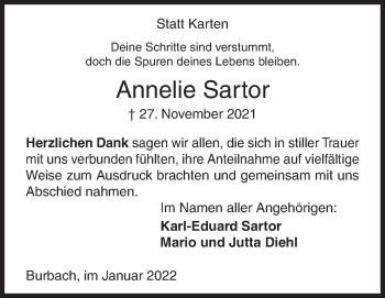 Traueranzeige von Annelie Sartor von Siegener Zeitung