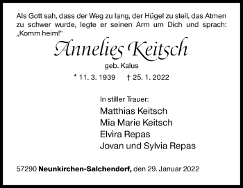 Traueranzeige von Annelies Keitsch von Siegener Zeitung