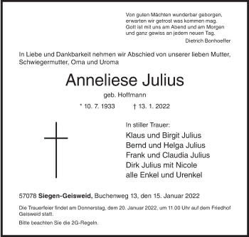 Traueranzeige von Anneliese  Julius von Siegener Zeitung