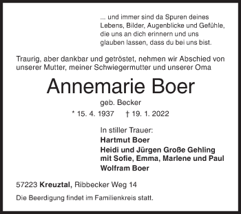 Traueranzeige von Annemarie Boer von Siegener Zeitung