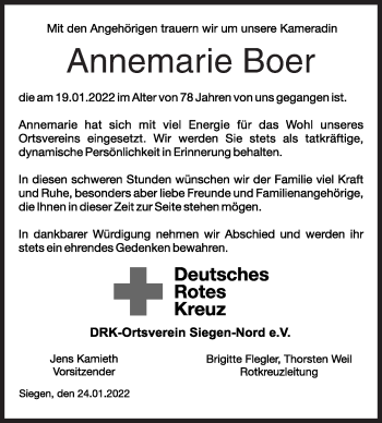 Traueranzeige von Annemarie Boer von Siegener Zeitung