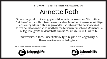 Traueranzeige von Annette Roth von Siegener Zeitung