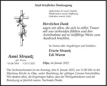 Traueranzeige von Anni Strautz von Siegener Zeitung