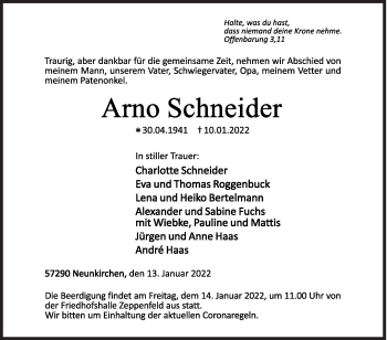 Traueranzeige von Arno Schneider von Siegener Zeitung