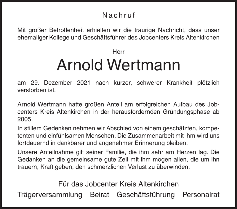  Traueranzeige für Arnold Wertmann vom 13.01.2022 aus Siegener Zeitung