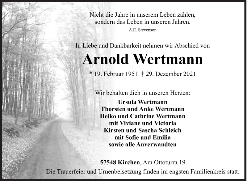  Traueranzeige für Arnold Wertmann vom 07.01.2022 aus Siegener Zeitung