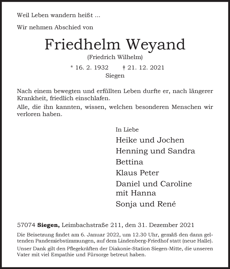  Traueranzeige für Friedhelm Weyand vom 31.12.2021 aus 