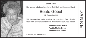 Traueranzeige von Beate Göbel von Siegener Zeitung