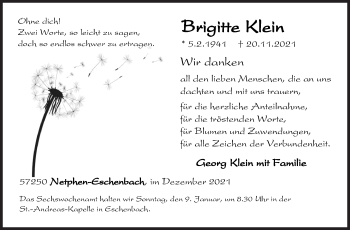 Traueranzeige von Beigifte Klein von Siegener Zeitung