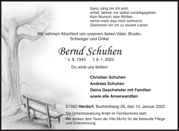 Traueranzeige von Bernd Schuhen von Siegener Zeitung