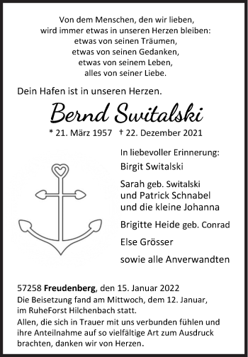 Traueranzeige von Bernd Switalski von Siegener Zeitung