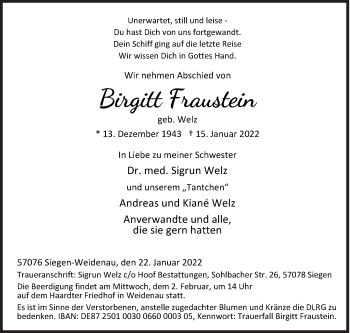 Traueranzeige von Birgitt Fraustein von Siegener Zeitung