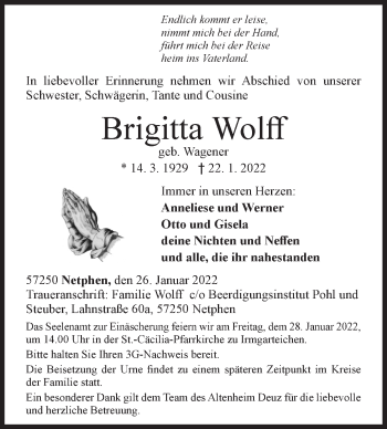 Traueranzeige von Brigitta Wolff von Siegener Zeitung