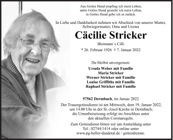 Traueranzeige von Cäcilie Stricker von Siegener Zeitung