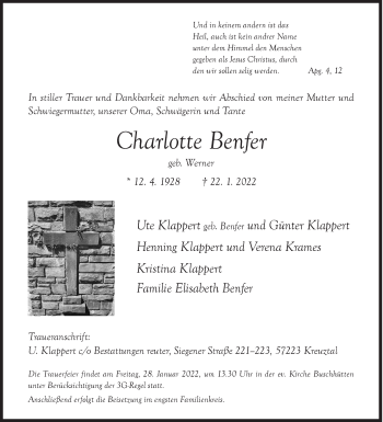 Traueranzeige von Charlotte Benfer von Siegener Zeitung