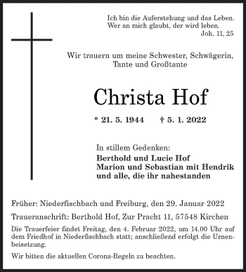 Traueranzeige von Christa Hof von Siegener Zeitung
