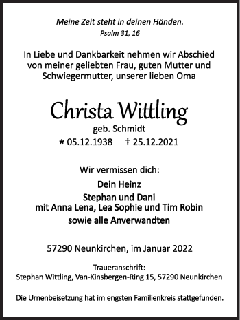 Traueranzeige von Christa Wittling von Siegener Zeitung