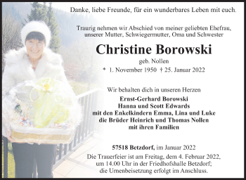 Traueranzeige von Christine Borowski von Siegener Zeitung