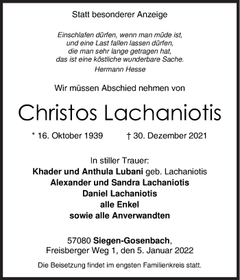 Traueranzeige von Christos Lachaniotis von Siegener Zeitung