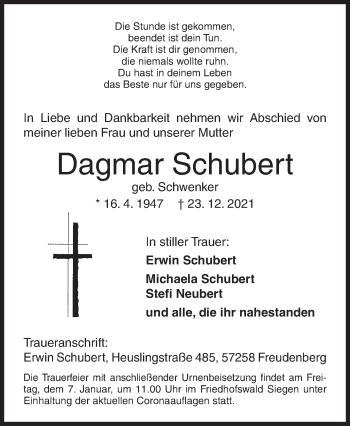 Traueranzeige von Dagmar Schubert von Siegener Zeitung