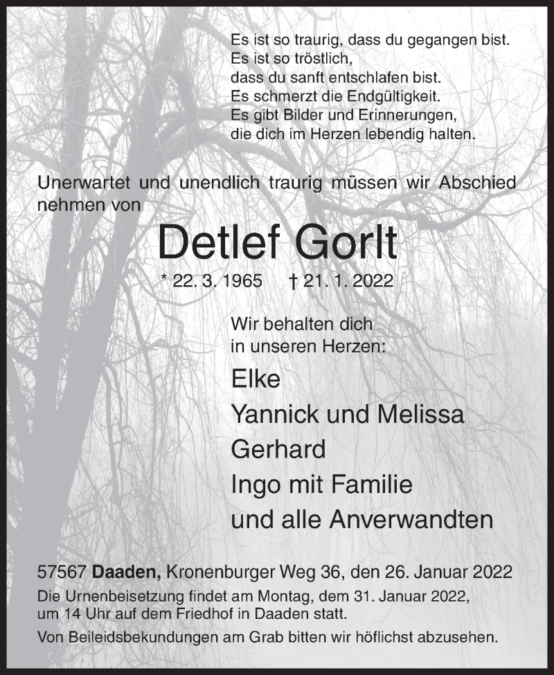  Traueranzeige für Detlef Gorlt vom 26.01.2022 aus Siegener Zeitung
