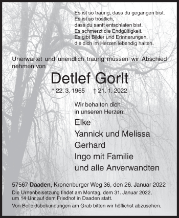 Traueranzeige von Detlef Gorlt von Siegener Zeitung