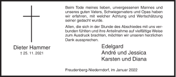 Traueranzeige von Dieter Hammer von Siegener Zeitung
