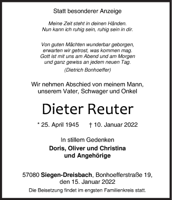 Traueranzeige von Dieter Reuter von Siegener Zeitung