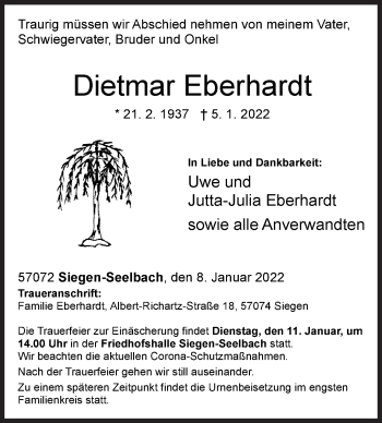 Traueranzeige von Dietmar Eberhardt von Siegener Zeitung