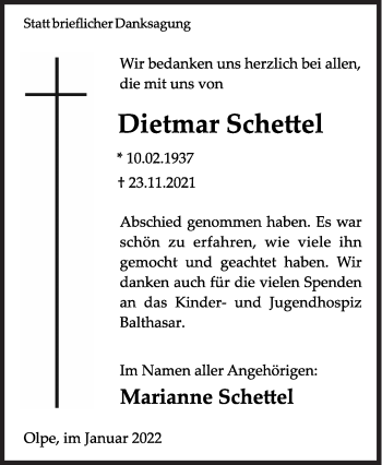 Traueranzeige von Dietmar Schettel von Siegener Zeitung